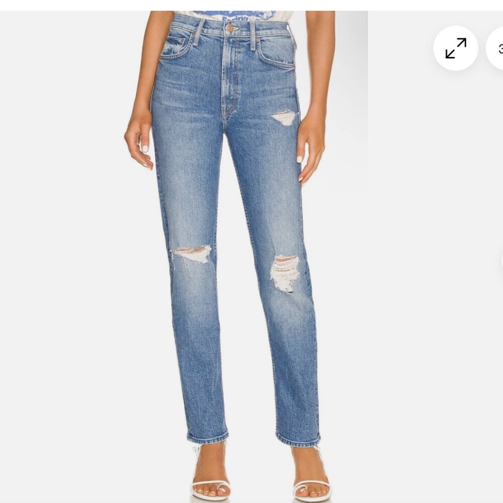 MOTHER high waisted rider skimp Blue distressed Straight Jeans 26